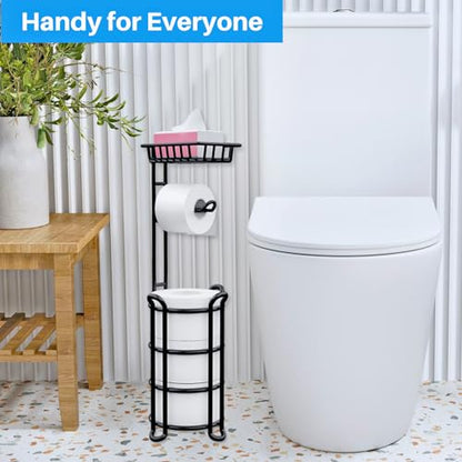 Toilet Paper Holder Stand with Shelf, Free Standing Tissue Roll Storage Rack with Dispenser for Bathroom, Black - color: Black