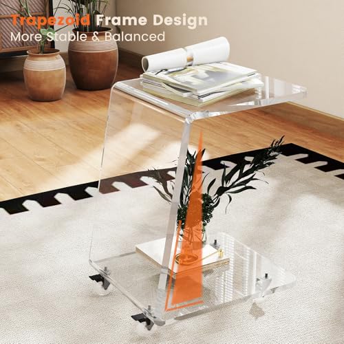 C Shaped Side Table for Sofa, Heavy Clear Acrylic Mobile End Table on Wheels, Modern Rolling Snack & Drink Use for Living Room & Bedroom, Space-Efficient Design with Sturdy Construction, 15mm Thick - color: 1-pack