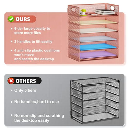 Marbrasse 2 Pack Desk Organizer with Handle, 6 Tier Paper Letter Tray, Mesh Desk File Organizer for Office, School and Home - Rose Gold - color: Rose Gold - 2p