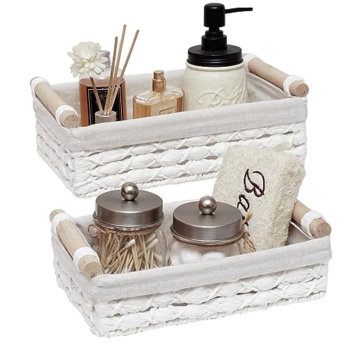 Storage Basket Wicker Baskets for Organizing with Handle Decorative Storage Bins for Countertop Toilet Paper Storage Basket for Toilet Tank Top Small Baskets Set (Set of 2,White) - color: white