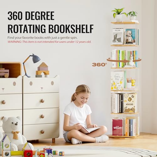 TAKEKIT 5-Tier Rotating Bookshelf, 360° Spinning Book Shelf Tower with Solid Wood & Clear Acrylic, Square Revolving Bookcase for Kids Room, Living Room, Bedroom and Office - color: Natural Square, size: 5-Tier