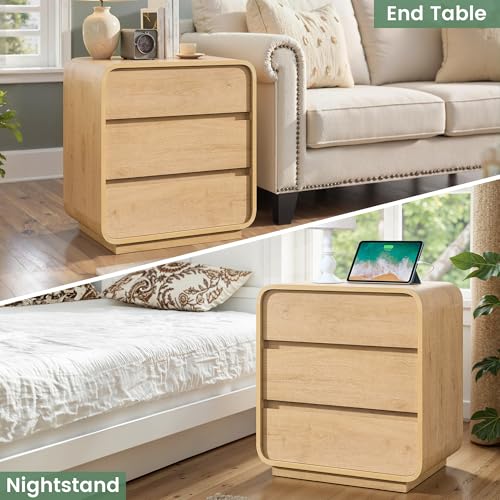 Standifurno 3 Drawers Nightstand with Charging Station, Modern Wood 25" Tall Curved Night Stand, Large End Table Bedside Table for Bedroom, Office, Sofa, Natural - color: Natural, size: 3 Drawers (1PC)