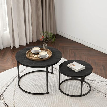HOJINLINERO Round Nesting Coffee Table Set of 2,Wood Cocktail Table,Black | Center Table for Living Room,Small Apartment,Small Space,Side Tables,Easy Assembly,Sturdy Metal Frame Wooden Tabletop,Large - color: Black, size: Large