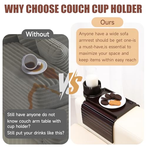 Couch Cup Holder Tray, 2 in 1 Bamboo Couch Armrest Table Clip on Sofa Armrest Table,Foldable Anti Silp Arm Rest Side Tray for Drink Coffee Mug, Snacks, Remote - color: Black Walnut