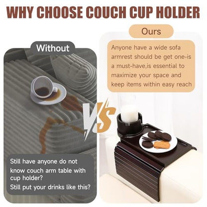 Couch Cup Holder Tray, 2 in 1 Bamboo Couch Armrest Table Clip on Sofa Armrest Table,Foldable Anti Silp Arm Rest Side Tray for Drink Coffee Mug, Snacks, Remote - color: Black Walnut