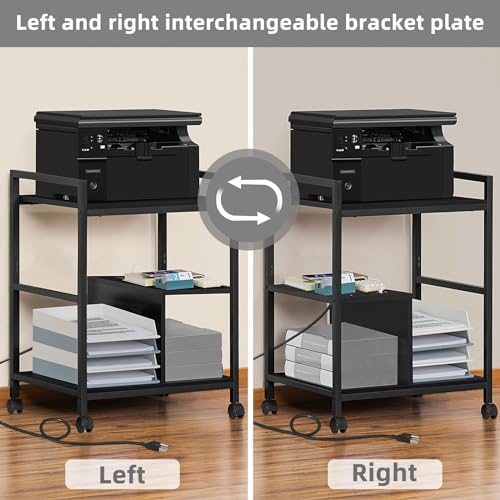 Lerliuo 24" Wide Large Printer Stand with Storage, Black | Printer Table for Home Office with Charging Station, 3 Tier Industrial Mobile Printer Cart with Lockable Wheels - color: Black