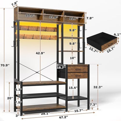 Itaar Hall Tree with Bench and Shoe Storage, 7-in-1 Entryway Bench with Coat Rack, 3 Storage Cubbies, 3 Open Shelves, 17 Coat Hooks, 2 Fabric Drawers (Rustic Brown) - color: Rustic Brown