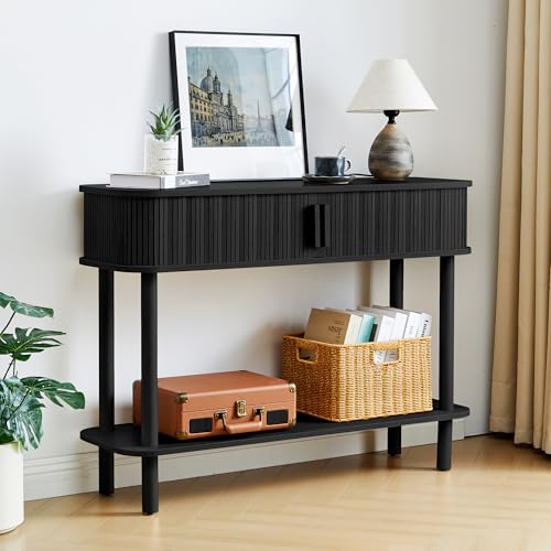 RARZOE Console Table with Storage, Fluted Entryway Table with Sliding Door&Open Shelf, Sofa Table Behind Couch, Mid-Century Modern Accent Table for Hallway, Entrance, Foyer, Fully Assembled(Black)