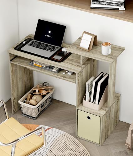Small Computer Desk with Drawer, Writing Desk with Storage Shelves for Home Office Bedroom, Oak/Ivory - color: Sonoma Oak/Ivory