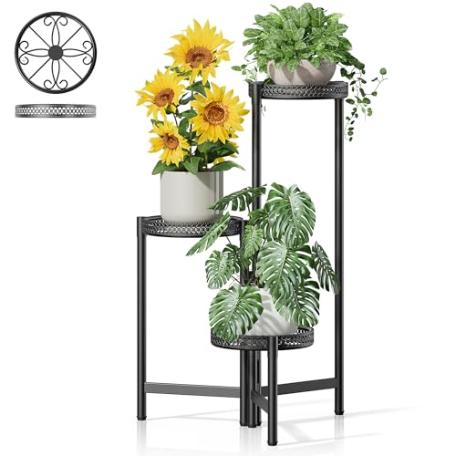 Plant Stand Indoor Outdoor, 3 Tier Corner Metal Flower Display Holder Shelf, Folding Tall Plant Rack for House Patio Balcony Porch Living Room, Heavy Duty Anti-Rust Wrought Iron - BlackS - color: BlackS, size: 3-tiers