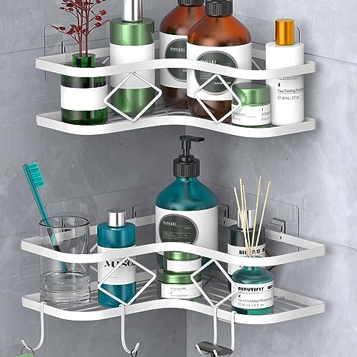 Large Corner Shower Caddy Shelf, 2 Pack Adhesive Bathroom Shower Organizer Shelves, No Drilling Rustproof Wall Mounted Shower Storage Basket Shampoo Holder Organizer (White) - color: White