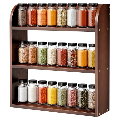 ROMGUAR CRAFT 3 Tier Bamboo Spice Rack, Countertop or Wall Mounting Wood Spice Jars Organizer Shelf for Kitche, Pantry (Brown) - color: Brown, size: 3 Tier