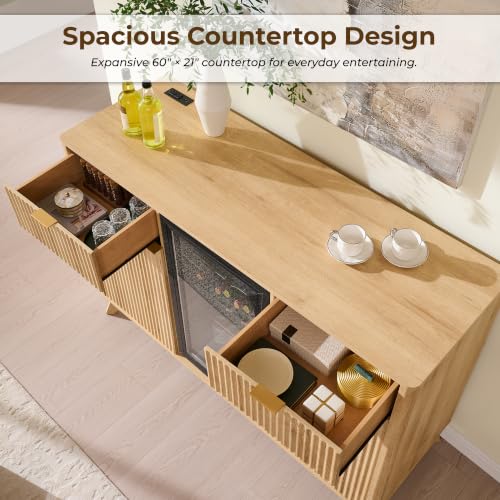 OKD 60" Fluted Coffee Bar Cabinet with Mini Fridge Space, Natural Oak | Mini Fridge Compatible, Built In Charging Station, 3 Stemware Racks, 2 Drawers, 2 Cabinets, Home Bar Cabinet Storage - color: Natural Oak