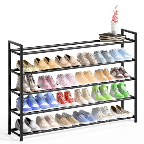 Bumusty 5-Tier Long Expandable Shoe Rack for Closet, 18"-44" Adjustable Shoe Rack for Entryway, 25-30 Pairs Large Shoe Organizer Shelf Storage, Sturdy Metal, Black - color: Black, size: 5-tier