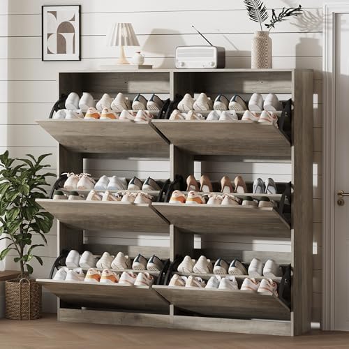 Xixini Shoe Storage Cabinet for Entryway with 6 Flip Drawers, Sturdy Wood Hidden Shoe Storage, Freestanding Narrow Slim Shoe Organizer for Front Door Entrance, Living Room, Hallway, Bedroom, Grey - color: Grey, size: 6 Drawers without Rack