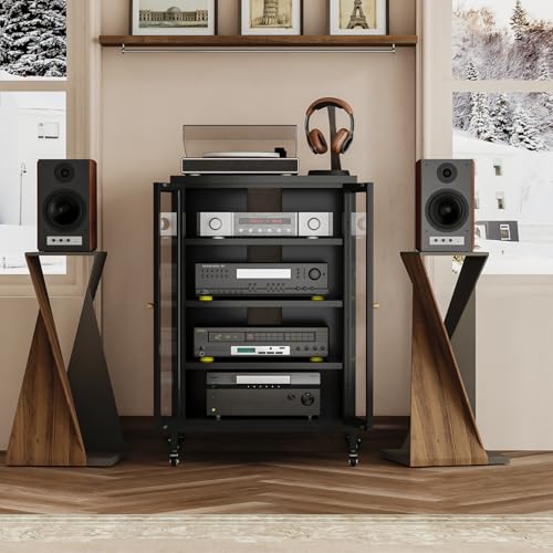 Metal Media Cabinet with Swivel Wheels & Glass Doors, 4-Tier Stereo Cabinet, Adjustable Shelves AV Rack with Cable Management, Black - color: Black, style: Swivel Wheels