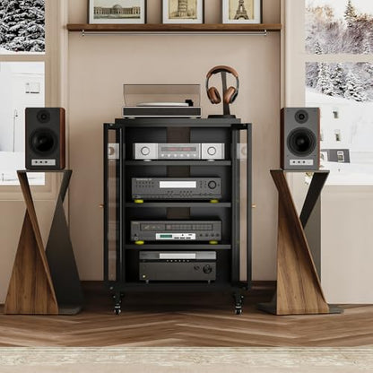 Metal Media Cabinet with Swivel Wheels & Glass Doors, 4-Tier Stereo Cabinet, Adjustable Shelves AV Rack with Cable Management, Black - color: Black, style: Swivel Wheels