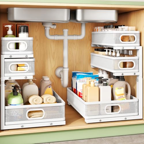 Kitstorack Under Sink Organizer, 2-Pack 3-Tier Height Adjustable Thickened Metal Pull out Cabinet Organizer Shelf, Slide out Storage Drawer Rack for Bathroom Kitchen Pantry Home Laundry Organization - color: White, size: 2 Pack