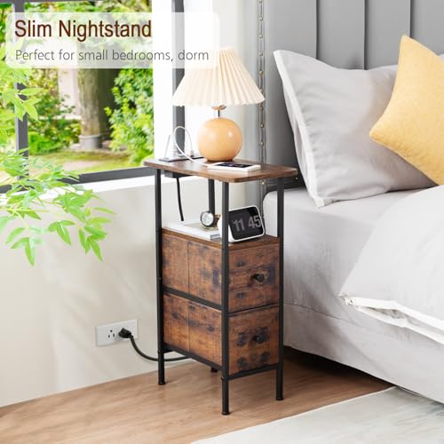 LOAKEKEL Narrow Nightstand with Charging Station, End Tables Living Room Set of 2, Skinny Side Table with Fabric Drawers, Slim Sofa Table for Bedroom, Small Spaces, Couch, Rustic Brown, HETNDP02PBR - color: Rustic Brown, style: Power
