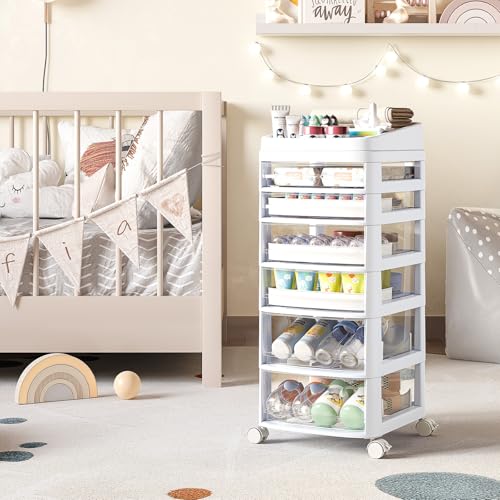 Rolling Cart with 6 Drawers, Clear Plastic Drawer Organizers, Dust Proof Under Desk Storage for Makeup, Skincare, Art Crafts and Baby Items, Acrylic Cosmetic Organizer with Dividers, Vanity Cart - size: 6 Tier