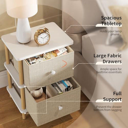 Apicizon Nightstand with 2 Drawers, Side Table with Storage, White+Natural | Small End Table with Solid Wood Legs, for Small Spaces, Bedroom, Living Room, Entryway, Easy Assembly - color: White+natural