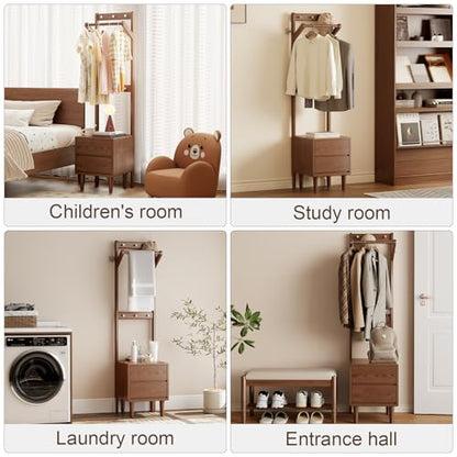 Solid Wood Coat Rack Freestanding,Standing Coat Rack with 2 drawers,Clothing Racks for Hanging Clothes,Narrow Hall Tree with Storage,Walnut Nightstand with 6 Coat Hooks for Bedroom Entryway Corner - size: 2 drawers