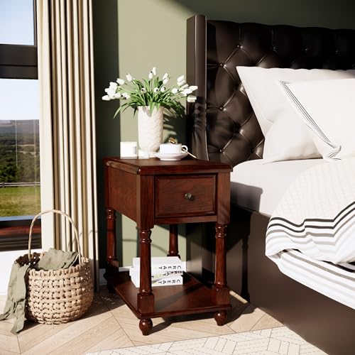 Narrow End SideTable with Drawer and Storage Shelf, Solid Wood Sofa Tables, Slim Beside Table-, Telephone for Small Spaces, Living Room, 22"L x 13"W x 22.7"H No-tools Assembly Dark Walnut BBJ004DWA - color: Walnut