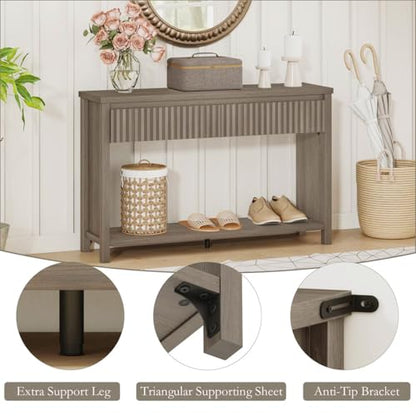 BON AUGURE Console Table with Storage, 47In Entryway Table with Drawers, Grey Couch Tables Behind Sofa, Narrow Sofa Tables with 2-Tier Shelf for Living Room, Hallway, Front Door, Greige Oak - color: Greige Oak