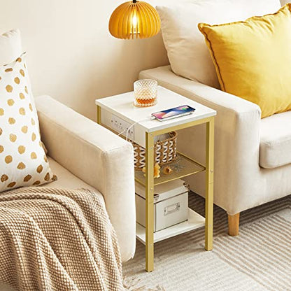 HOOBRO Side Tables Set of 2 with Charging Station and USB Port, Small End Tables for Small Space, 3-Tier Nightstands with Adjustable Shelf, for Living Room, Bedroom, White and Gold DW112BZP201G1 - color: White + Gold