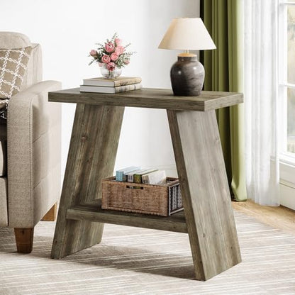 Solid Wood End Table for Living Room, Narrow Small Side Table with 2-Tier Storage, Farmhouse Bedside Nightstand for Bedroom, Small Places, Washed Brown (1PCS) - color: Washed Brown