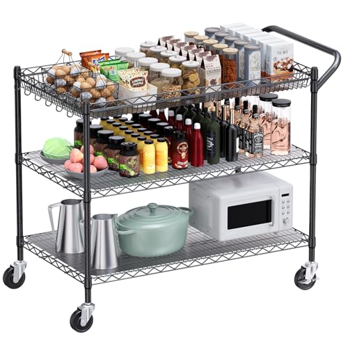 WDT 1350Lbs Capacity Heavy Duty Rolling Utility Cart, NSF Rolling Carts with Wheels,Commercial Grade Metal Cart with Handle Bar & Shelf Liner,Trolley Serving Cart for Restaurant,Kitchen,Black - color: Black 3 Tier Large