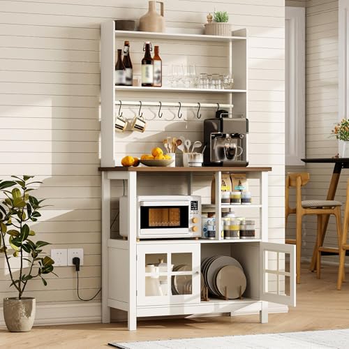 ChooChoo Farmhouse Bakers Rack with Power Outlets and Storage, Coffee Bar Cabinet with Storage, Microwave Stand Kitchen Cabinet with Hutch and 6 Hooks, Soft White & Brown - color: Soft White & Brown