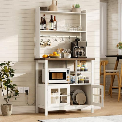 ChooChoo Farmhouse Bakers Rack with Power Outlets and Storage, Coffee Bar Cabinet with Storage, Microwave Stand Kitchen Cabinet with Hutch and 6 Hooks, Soft White & Brown - color: Soft White & Brown
