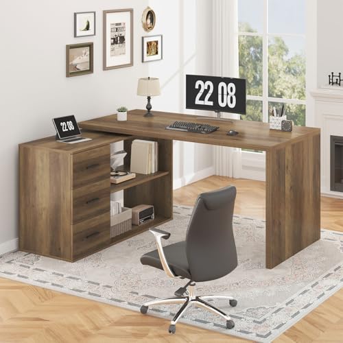 HSH 55-76 Inch Rustic Farmhouse L Shaped Desk with Drawers 360 Rotating | Corner Computer Desk with Storage with Drawers Long for Work, Executive, Study, Writing, Teacher, Bedroom Modern Gaming Table - color: Rustic Oak