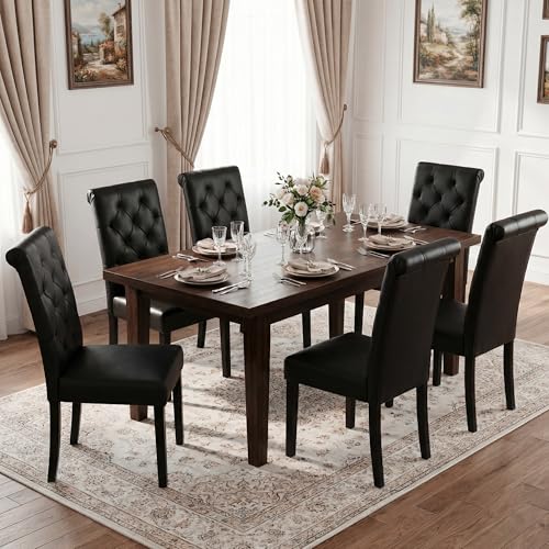 LSSBOUGHT Upholstered Dining Chairs Set of 6,Tufted Parsons Kitchen Chair with Solid Wood Legs, Modern PU Leather Side Chair for Dining Room/Restaurant(6pcs,Black) - color: Black-pu, size: Set of 6