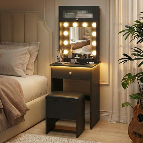 ARTETHYS Small Vanity with Mirror & RGB Light Black Makeup Set for Bedroom | Table Storage Rack, Mini Vanity with Storage Chair, Space Saving Mini Makeup Table with Shelf for Compact Room - color: Black 2
