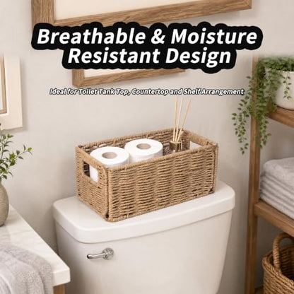 2-Pack Paper Rope Wicker Toilet Paper Baskets, 11.2x6x4.8in, Natural Brown | Narrow woven foldable storage baskets for shelves, countertops and toilet tank tops; rectangular organizer bins for bathrooms