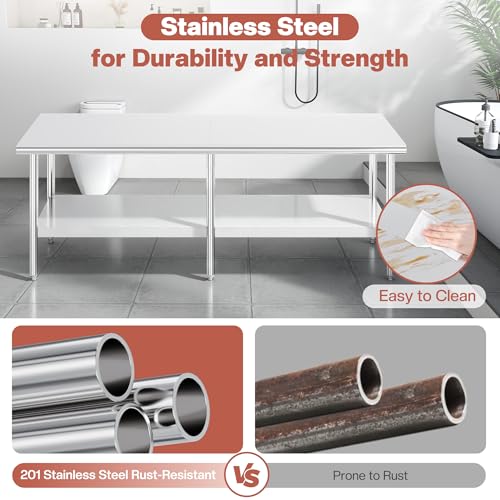 Jocisland 30" x 96" Stainless Steel Table for Prep & Work, Food-Grade Stainless Steel Adjustable Under Shelf and Feet, for Commercial Kitchen, Restaurant, Hotel, Garage - size: 30x96 in, style: Rounded Table Corner