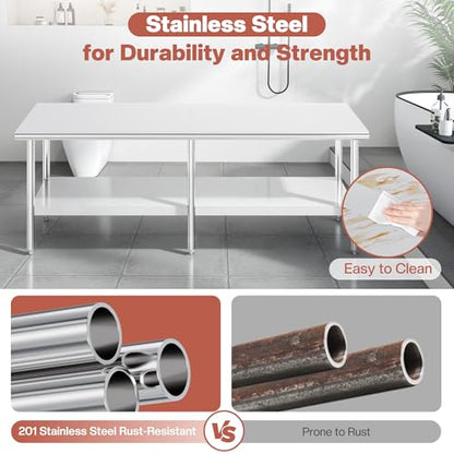 Jocisland 30" x 96" Stainless Steel Table for Prep & Work, Food-Grade Stainless Steel Adjustable Under Shelf and Feet, for Commercial Kitchen, Restaurant, Hotel, Garage - size: 30x96 in, style: Rounded Table Corner