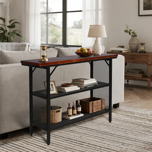 LOKKHAN 47.2 Inch Industrial Console Table with Storage Shelves – Solid Wood Top for Sturdiness, Black Metal Frame with Mesh Design for Airy Look | Perfect for Entryway, Living Room, Hallway