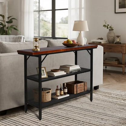 LOKKHAN 47.2 Inch Industrial Console Table with Storage Shelves – Solid Wood Top for Sturdiness, Black Metal Frame with Mesh Design for Airy Look | Perfect for Entryway, Living Room, Hallway