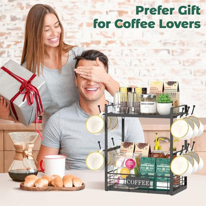 EsLuker.ly Coffee Mug Cup Holder Tree Bar Station Organizer, 2 Tier Mug Stand Rack for Countertop Kitchen, Storage Tower Display Shelf with 12 Hooks, Coffee Nook Enhancer, Black - color: Black + Black
