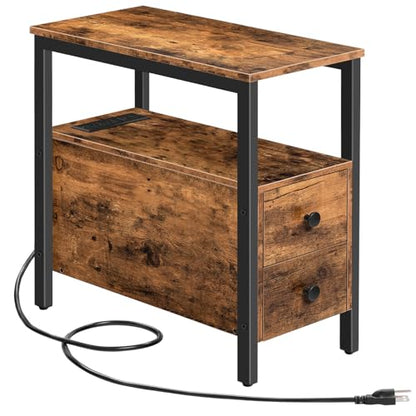 HOOBRO End Table with Charging Station, Narrow Side Table with 2 Drawer & USB Ports & Power Outlets, Nightstand for Small Spaces, for Living Room, Bedroom, Rustic Brown and Black BF541BZ01 - color: Rustic Brown + Black