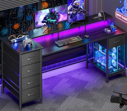 Korfile 61 Inch Computer Gaming Desk with Power Outlets & LED Lights Reversible Home Office Desk with Adjustable 5 Fabric Storage Drawers for Working Writing Study, Black - color: Black, size: 61 Inch