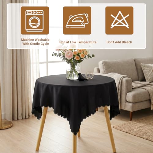 Black Square Tablecloth, 36 x 36 inch Scalloped Fabric Small Table Cloth, Dust Resistant Washable Polyester Square Table Topper Cover for Nightstand End Bedside Small Dining Coffee Tables Top - color: Black, size: 36" x 36" (Square)