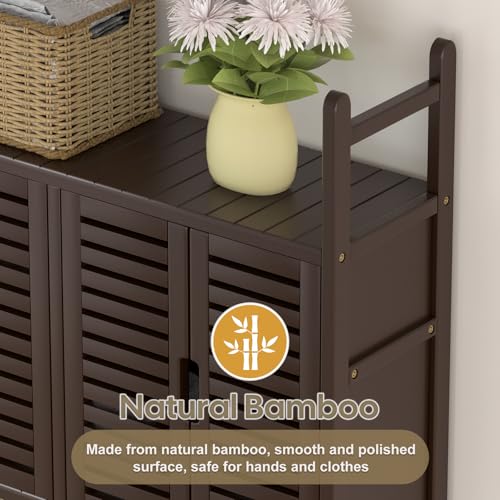 Cozivolife Over The Toilet Storage: Space Saver Bathroom Organizer Shelf | Bamboo Freestanding Storage Cabinet Over Toilet with Paper Holder Stand - No-Drill Installation and Waterproof Feet Pad