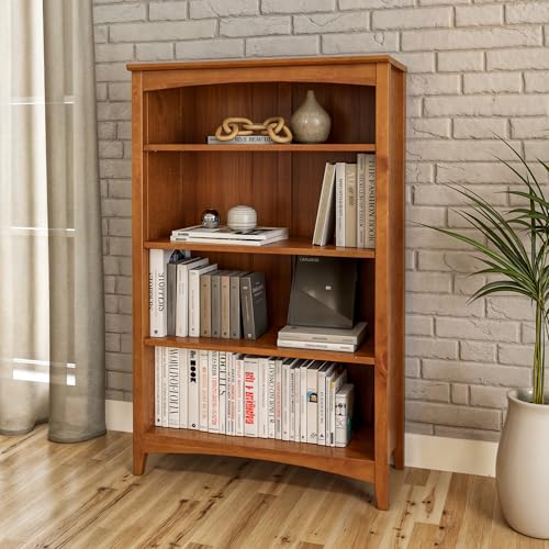 Shaker Style 4 Shelf Bookcase / Solid Wood / 48" High / Adjustable Shelving / Closed Back / Display Bookshelf for Living Room, Bedroom, Home and Office, Cherry - color: Brown, size: 48"