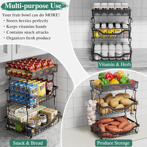 OKZEST 3-Tier Fruit Basket Fits Under Standard Upper Cabinet, 17.2" Tall | 2-In-1 Wall Mount & Countertop. Ultra-Fine Mesh Top Basket & Banana Hangers, Holds Potato, Onion, Bread, Snack, Fruit, Veggie - size: 3-Tier (Top basket with ultra-fine mesh)