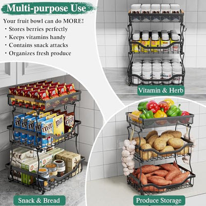 OKZEST 3-Tier Fruit Basket Fits Under Standard Upper Cabinet, 17.2" Tall | 2-In-1 Wall Mount & Countertop. Ultra-Fine Mesh Top Basket & Banana Hangers, Holds Potato, Onion, Bread, Snack, Fruit, Veggie - size: 3-Tier (Top basket with ultra-fine mesh)