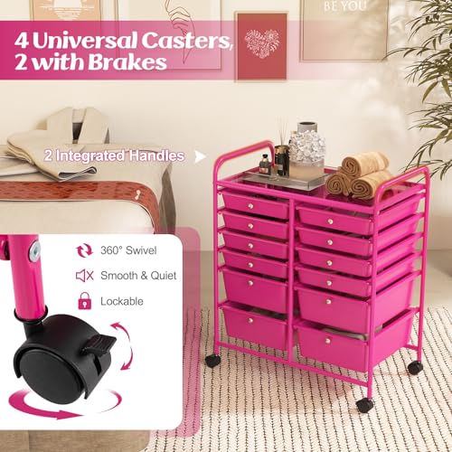 Moccha 12-Drawer Rolling Storage Cart - Utility Cart on Wheels with Lockable Casters for Craft Art Supply Paper Salon, Mobile Drawer Carts for Classroom Teacher School Office (Hot Pink) - color: Hot Pink, style: 12 Drawers